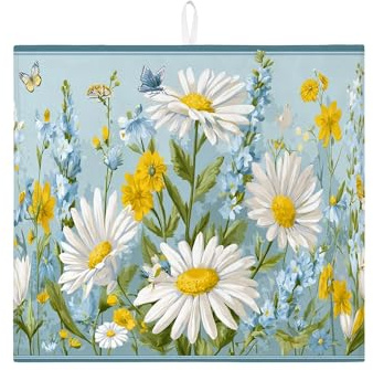 Tapetes de secado de platos florales para encimera de cocina, tapete escurridor de platos absorbente de crisantemo azul, almohadilla de secado de microfibra de jardín de primavera para encimera de