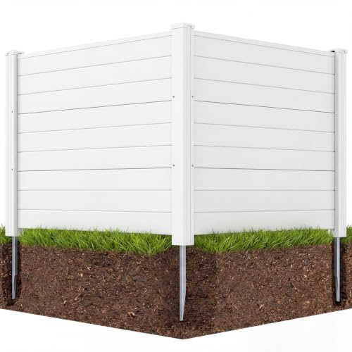 GYMAX 122 x 95 cm Clôture de Jardin en Plastique Décoratif 2 Panneaux, Clôture de Confidentialité avec Piquets Galvanisés, Brise-Vue pour Climatiseur Poubelles Cour Extérieur (Blanc)