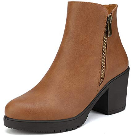 DREAM PAIRS Women's Ankle Boots Chunky Heel Platform Fall Heeled Short Booties Shoes,Size 5,Tan/Pu,Z0EY-2