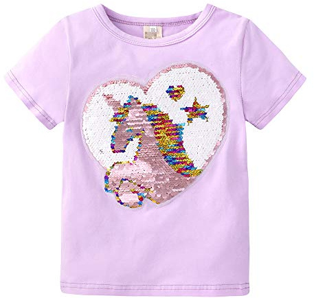NCTCITY Enfants T-Shirt de Licorne Été Unicorn Imprimé Paillettes Réversibles Chemise à Col Rond Été Tendance à Manches Courtes Tops Sportswear pour Jeunesse Garçons Filles