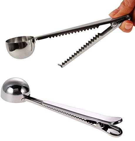 Angzhili 2 Pcs Coffee Scoop Clip, Stainless Steel Tea Spoon Coffee Scoop Bag Clip, Multifunction Seasoning Scoop Food Storage Bag Grip Clip, 2-in-1 Milk Powder Spoon, Measuring Spoon (Silver)
