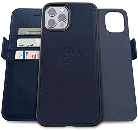 Dreem Fibonacci 2-i-1 plånboksfodral för Apple iPhone 12 Pro Max - Högkvalitativt veganskt läder, magnetiskt, avtagbart och stötsäkert mobilfodral, RFID-betalkortsskydd, 2 stativlägen- Marinblå