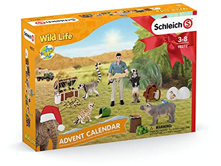 schleich WILD LIFE 98272 Adventskalender Kinder - Tiere Figuren Set mit Abenteuerfigur - Mit Baby Nilpferd, Gepard, Lemur, Elefant, Erdmännchen, Wissenschaftler - Ab 3 Jahren