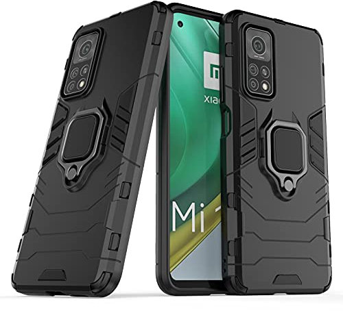 Max Power Digital Hülle für Xiaomi Mi 10T/Mi 10T Pro Drehbar Ringhalter Cover Magnet Bumper Handyhülle Case Stoßfest Doppelschichter Schutzhülle Outdoor Shock Absorption Mit Ring (Schwarz)