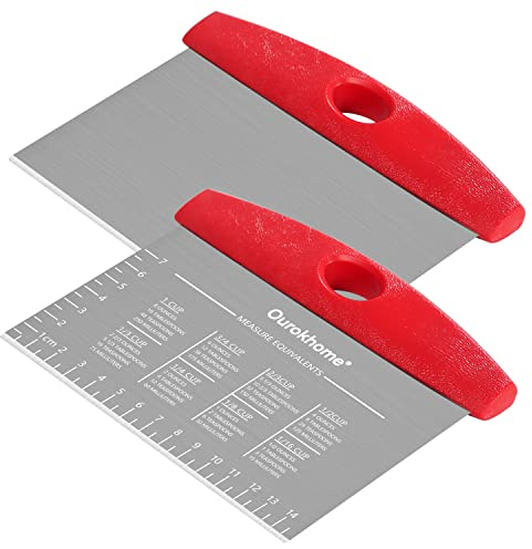 Ourokhome 2 Pack Bench Scraper Dough Cutter, Stainless Steel Dough Scraper with Laser-Etched Scale, Conversion Chart, Non-Slip Handle, Dishwasher Safe for Bread & Pastry, Red