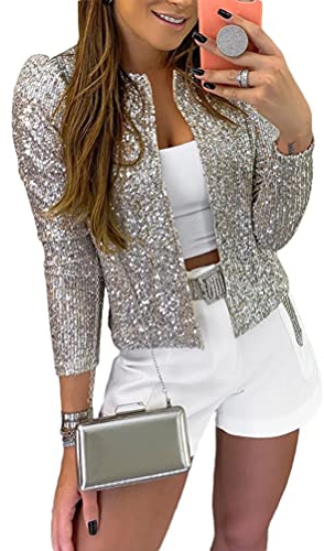 Tomwell Damen Glänzend Pailletten Jacke Cardigan Langarm Bolero Tops Kurz Oberteile Eleganter Blazer Glitzer Party Outfits Clubwear Silber M