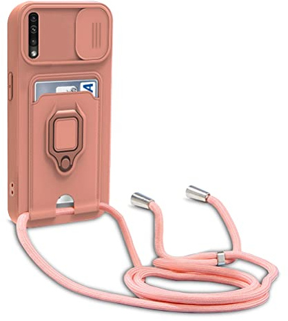 yanasuo Schiebe Kameraschutz Silikon Handykette Hülle kompatibel mit Samsung Galaxy A50/A30S/A50S, Metall Ring Halter Handy Cover,Verstellbarer Halskette Handyhülle-Pink