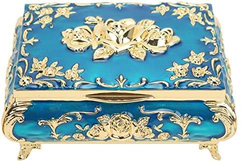 Vintage Schmuckkästen, Rosen Relief Design Schmuck Aufbewahrungsbox Ringe Ohrringe Schatzkästchen Dekor Organizer mit Deckel für Geburtstag, Frau, Mädchen, Geschenk, 4,9 x 3 x 2,2 Zoll (Blau)