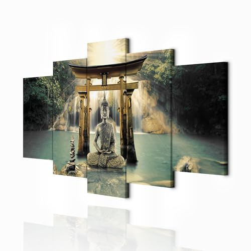 decomonkey Wandbilder Buddha 150x75 cm 5 Teilig Wandbild Groß Wohnzimmer | Leinwandbild XXL, Deko, Schlafzimmer, Wanddeko, Pictures For Wall, Poster, Wall Painting, Zen, Orient