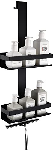 HomeHeng Duschregal zum Hängen,2-Store Duschablage zum Hängen Mattschwarz, SUS304 Edelstahl Doppelt Duschkorb mit Haken für Glas-Duschabtrennung, H30MB-2DH