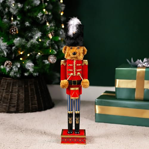 Marco Paul Large Teddy Bear Nutcracker Soldier - 60cm Standing Wooden Nutcracker Christmas Decoration - Traditional Christmas Decorations for Home Decor, Mantelpiece, Table Centrepiece & Vintage Decor