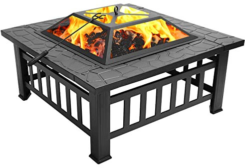 Ensemble de puits à feu en métal carré de 32 Pouces avec Finition en Fausses Pierres pour Cour, Patio et Jardin, avec Couvercle Anti-Pluie pour l'extérieur