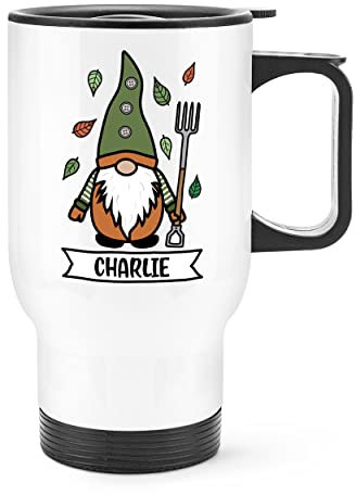 Personalised Gonk Gnome Green Orange Garden Travel Mug Cup with Handle