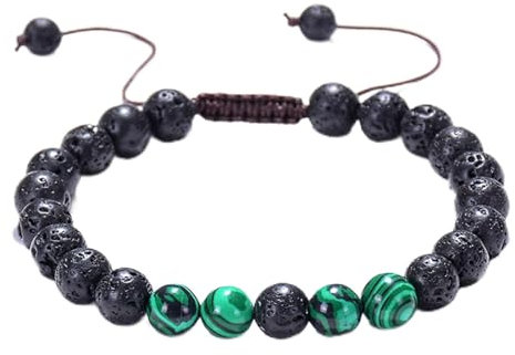 Lavaperlen Armband Damen, Zartes Armband Damen Schwarz Grün 8 mm Türkises Lavasteingeflecht Verstellbar Perlenarmbänder Geschenke für Mama 19cmx8mm