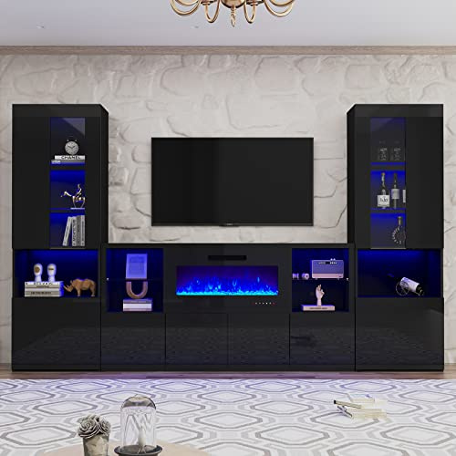 AMERLIFE 3 Piece Modern High Gloss Fireplace TV Stand + Bookcase Set for Living Room Includes 68 TV Stand with 40 Fireplace, 2 X Bookcase Storage Cabinet with Doors & 20 Colors LED Lights, Black