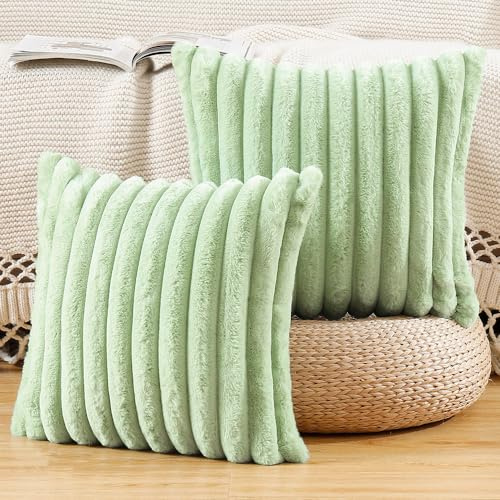 Madizz 2er Set Kunstpelz Plüsch Dekorative Kissenbezüge Flauschig Gestreifte Weich Dekorative Kissenbezug für Sofa Schlafzimmer Kissen Shell Hellgrün 50 x 50 cm
