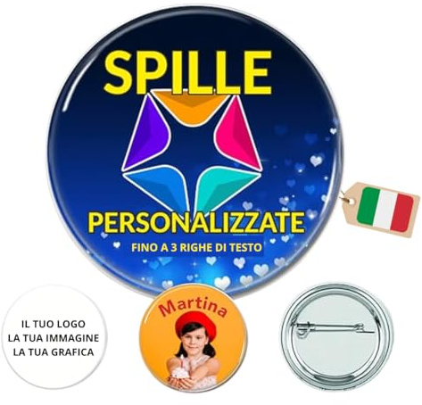 SPILLE PERSONALIZZATE con Foto e fino a 3 Righe di Testo, Made in Italy - Spillette Personalizzabili con Logo - Spilla in PLASTICA o ALLUMINIO - Fino a 200 Spille, TOP Pins (1)