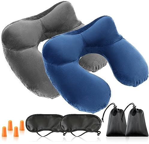 JOLIGAEA Almohada de Viaje Inflable, 2 Kit de Cojín Inflable del Cuello de Viaje con Máscara de Ojos y Tapones para los Oídos, Portátil Almohada de Apoyo a la Cabeza para Viajar Tren Coche Oficina