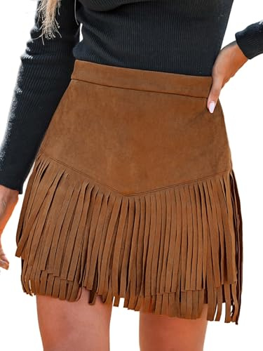 CUPSHE Women Fringe Skirts Western Cowgirl Terra Cotta High Waist Mini Skirt Suede Tassel Short Counrty Concert M Orange Brown