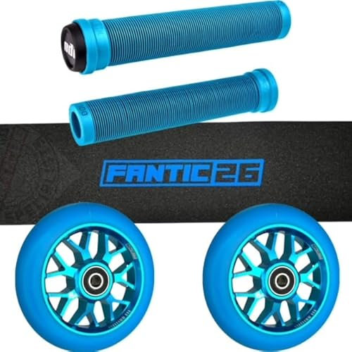 Fantic26 Stunt-Scooter Trick Roller Ersatzteile Bundle I ODI SLX SOft Griffe mit Barends Aqua I F26 Spy7 110mm Abec11 Rollen I Griptape Basic Schwarz/Blau