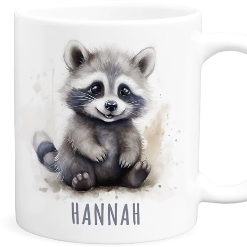 Waschbär Tasse Kinder personalisiert mit Namen als Geburtstagsgeschenk | Personalisiert, hochwertige Keramik, spülmaschinen- & mikrowellengeeignet, 330 ml, Waschbärtasse