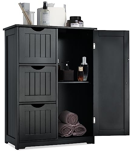 KOMFOTTEU Badschrank mit verstellbare Ablage, Badezimmerschrank Holz 60x30x81cm, Aufbewahrungsschrank mit 3 Schubladen & 1 Tür, Beistellschrank für Wohnzimmer, Küche, Flur (Schwarz)