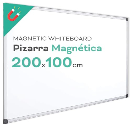 Pizarra Magnética Blanca, Pizarra Marco de Aluminio, Superficie Lisa Fácil de Borrar, Pizarra para Tomar Notas, Dibujar, Enseñar u Organizar, Herramienta para Oficina y Escuela - Ofituria (200x100)