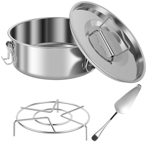 Deuson Molde de flan con tapa y asa, molde de 1.5 cuartos de galón con pestillo de acero inoxidable para hacer flan antiadherente, bandeja redonda para hornear flan con estante y espátula para hornear