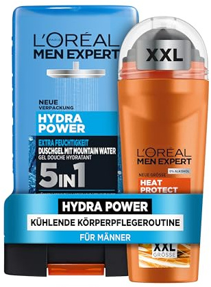 L'Oréal Men Expert kühlendes Körperpflegeset für Männer, Mit XXL Deoroller und Duschgel, Set für Herren mit Mountain Water und Keramik, Heat Protect, Hydra Power, 2-teilig