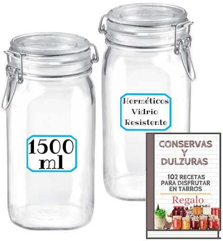 4 Tarros de Cristal Herméticos 1500 ml – Tarros herméticos de Almacenamiento para Alimentos, Conservación Fresca y Organizada - Incluye Etiquetas + Ebook de 102 Recetas (1,5 litros)