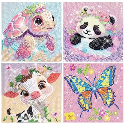 Diamond Painting - Set di 4 immagini per bambini con diamanti 5D, fai da te per mosaico, fai da te, per ragazze, ragazzi 6, 7, 8, 9, 10, 11, 12 anni, regalo di Natale, 15 x 15 cm