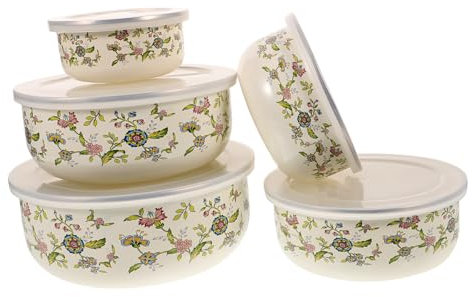 OFFSCH 5pezzi Ciotole Smaltate con Coperchi Ermetici da Cucina Ciotole Impilabili per Insalata Zuppa Frutta Miscelazione e Conservazione Alimentare