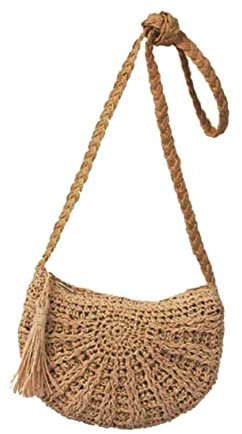 VALICLUD Strohgewebte Umhängetasche Damen Halbrund Papierstroh Mit Quaste Reise Strandtasche Handgefertigt Hellbraun