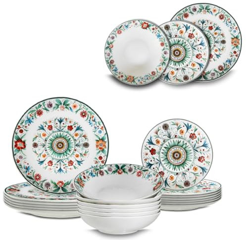 ARCA, Set 18 Piatti Coordinati Millefiori in Porcellana Decorata, Servizio per 6 Persone, con Piatti Fondi, Piani e da Dessert, Moderni e Colorati, Lavabili in Lavastoviglie