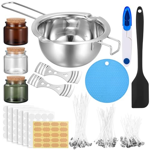 NPFVKSA Kerzen Selber Machen Set,480ml Wachsschmelztopf, 120 Kerzendocht，120kerzen Aufkleber, 3 kerzenglas Mit Deckel,Ihr Eigenes Kerzen Selber Machen