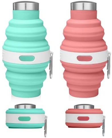 Udbrud 2 Piezas Botella de Agua Plegable Silicona, Taza de Camping con Mosquetón, Botella de Agua Plegable Libre De BPA para Viajes 475 ml, Vasos Plegables con Tapas para Fitness Camping (Rosa, Azul)