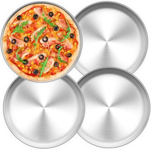 Onezebra Juego de 4 moldes para pizza de acero inoxidable de 26 cm, extra grueso, bandeja para barbacoa y vajilla de camping, apto para lavavajillas, inoxidable, versátil para pizza, ensalada
