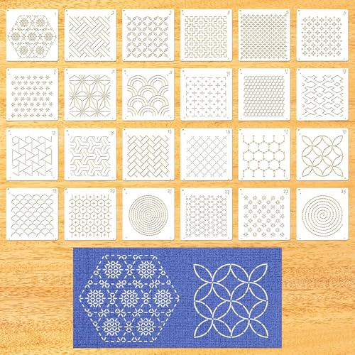 Zernblend 24 pezzi set di stencil Sashiko, trapuntatura a mano, scrapbooking artigianale, decorazione, stencil per embossing (4,72 x 4,72 pollici)