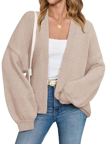 Saodimallsu Womens Open Front Cardigans Long Lantern Sleeve Oversized Chunky Knit Casual Fall Sweater Coat Light Khaki