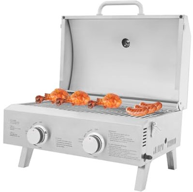 TouSuaRSi Barbecue a gas da tavolo, 2 bruciatori in acciaio inox con coperchio, gambe pieghevoli, 45 x 38 cm, portatile, piccolo barbecue a gas per balcone, campeggio, giardino