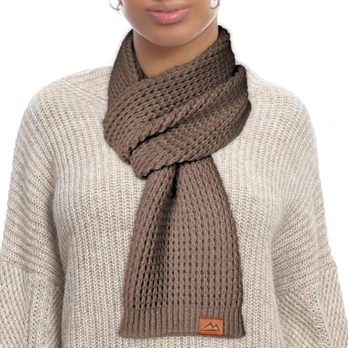 Loowoko Schal Damen Geschenke, Klassische waffel strickschal, Langschal mit Echt-Leder Veredelung, geschenke für frauen, 180 * 30cm (Dunkles Kamel‌)