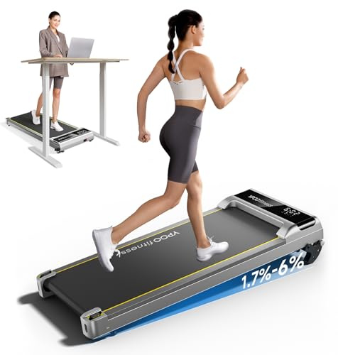 YPOO Walking Pad mit Steigung, 1-6km/h Laufband Zuhause 140kg, Mini Laufpad Büro mit Neigung, Incline Walking Pad Leise, 2.5HP Klein Laufband Schreibtisch LED-Anzeige/Fernbedienung/APP (Silber)