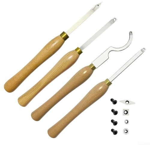 Juego de herramientas de torno para carpintería, 4 piezas de herramientas de corte de carburo con llave hexagonal y tornillos de repuesto, aleación de acero inoxidable para evitar el óxido