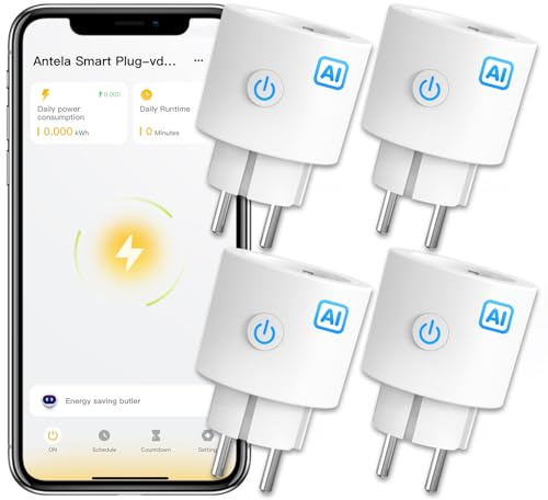 ANTELA WLAN Smart Steckdose mit Strommessung 16A | AI Elektrizitätsrechnung, Kompatibel mit Google Home und Alexa, Smart Life APP, 2,4GHz, 4 Stück