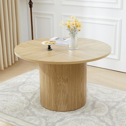 GuannCraft Runder Esstisch, 120 cm Durchmesser, aus mitteldichter Faserplatte, mit Wellenmuster-Design, geeignet für 4-6 Personen, spart Platz in Küche und Esszimmer. (Naturholz)