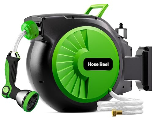 Avvolgitubo retrattile da giardino, 30 m x 5/8, avvolgitubo per acqua da esterno con riavvolgimento automatico, guida anti-groviglio, staffa girevole a 180°, blocco a qualsiasi lunghezza, flusso ad