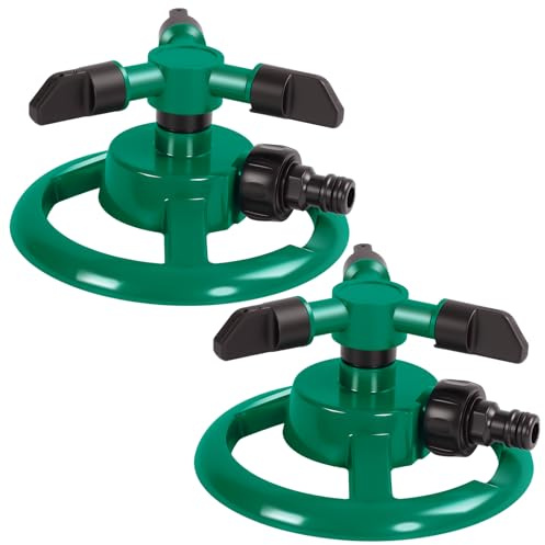 ANOMM 2Pzs Aspersor de Rotación 360°, Aspersor Automático de Césped, Verde | para Manguera de Jardín, Aspersores de Riego Cesped con 3 Brazos Ajustables, Gran Cobertura, para Regar Césped y Verduras