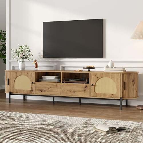 RAPRAP Ovales TV-Schrank 200Cm Lang Mit Rattan, Schiebetüren, Türen Und Schubladen, Holzoptik Tv Lowboard, Metallbeinen, Kabeldurchlass MDF,Natural
