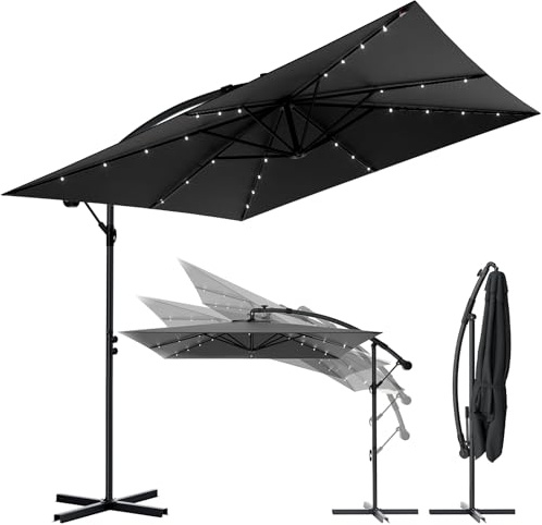 Lointain Sonnenschirm Rechteckig mit Ständer & Solar-Beleuchtung 250 x 250 cm, großer Ampelschirm Ø 350cm mit Kurbel, Aluminium Gartenschirm Marktschirm Terrassenschirm 360° drehbar, Dunkelgrau