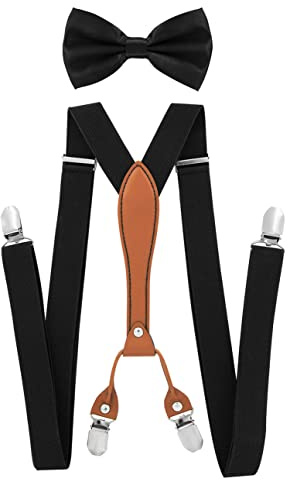 axy Herren Hosenträger mit Fliege im 2er Set Breit 2,5 cm X-Form und 4 Starken Clips PU25